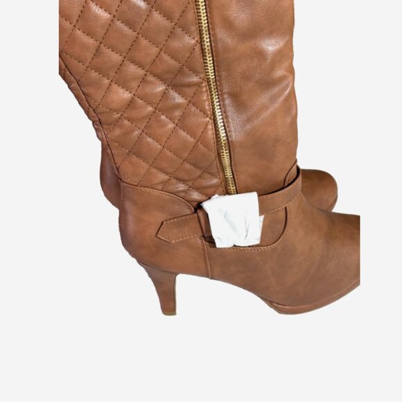 Top Moda Brown Quilted Knee High Boots Women’s 10 New 3” Heel Gold Hardware - Picture 11 of 14